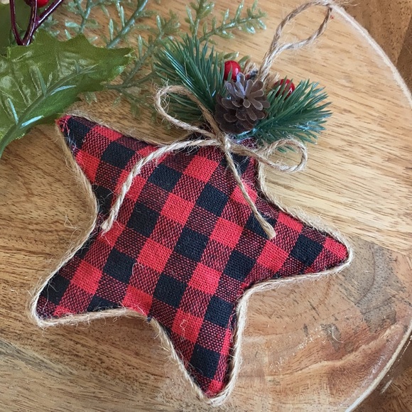 None Other - Buffalo plaid Christmas tree Star ornament jute & pine NEW
